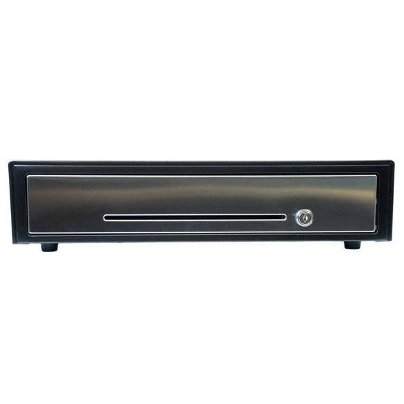 Front view of the Star Micronics CD5-1817 MAX cash drawer in black with a stainless steel front panel, media slot, and key lock.