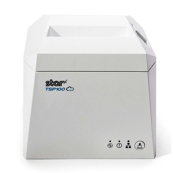 Front view of the white Star Micronics TSP100 series thermal receipt printer featuring the Star logo and status indicator icons.