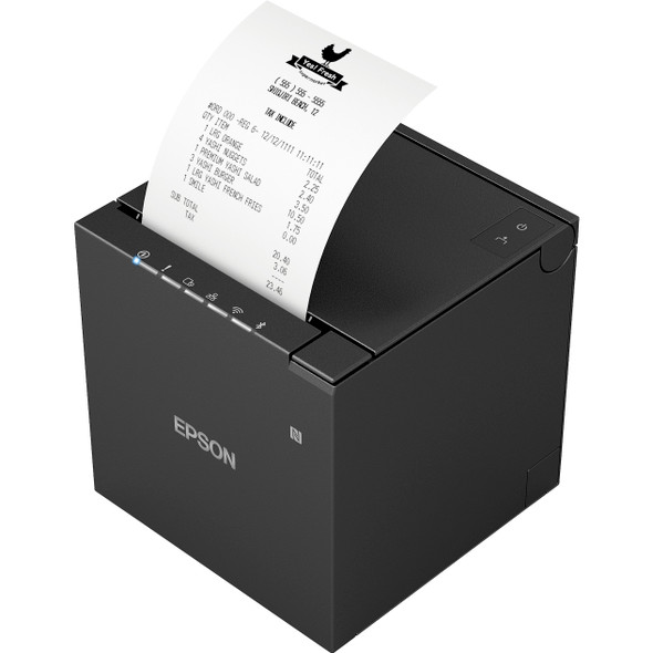 Angled high-angle view of the black Epson OmniLink TM-m30III thermal printer dispensing a receipt from the top exit slot.