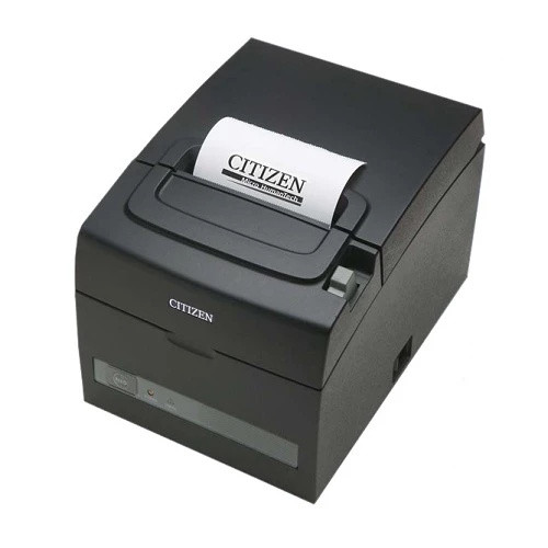 Angled high-angle view of the black Citizen CT-S310II POS receipt printer dispensing a printed receipt from the top cutter slot.