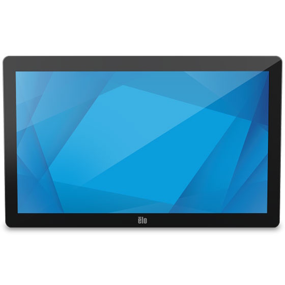 Front view of the black Elo 2202L 22-inch Full HD touchscreen display with a blue geometric wallpaper screen background.