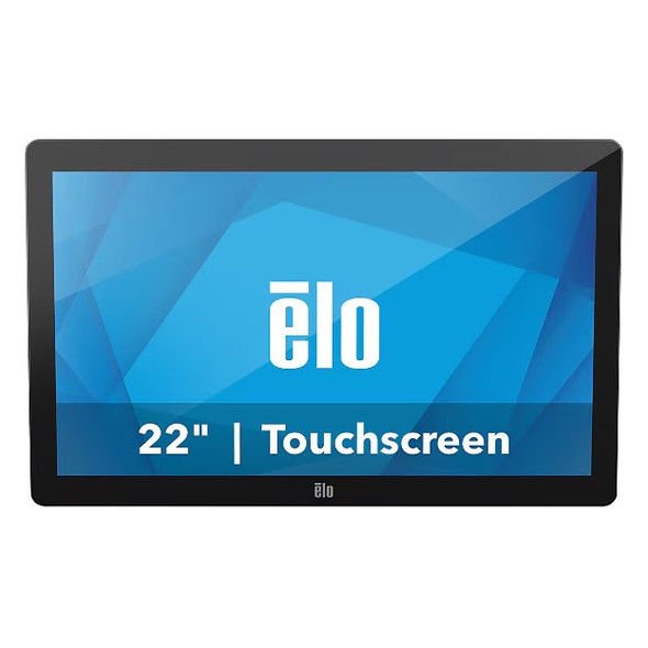 Front view of the black Elo 2202L 22-inch touchscreen monitor displaying the Elo logo graphic and 22" Touchscreen text.