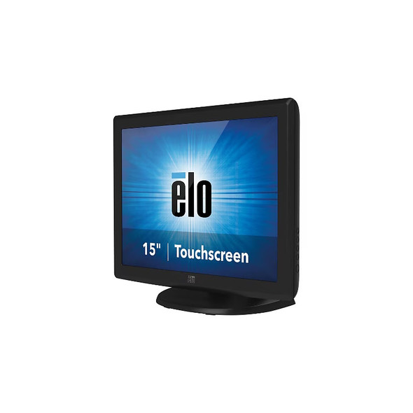 Elo 1515L 15-inch touchscreen monitor in dark gray, shown from a three-quarter perspective on its included desktop stand with a blue Elo graphic on screen.