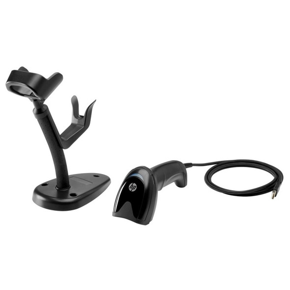 Black HP Engage One handheld barcode scanner with coiled USB cable lying beside its matching hands-free stand on a white background.