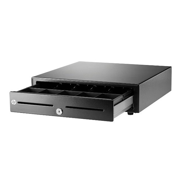 Three-quarter view from the left showing the black HP Standard Duty Cash Drawer pulled open, revealing the internal bill and coin compartments, key lock, dual media slots, and HP logo on a white background.