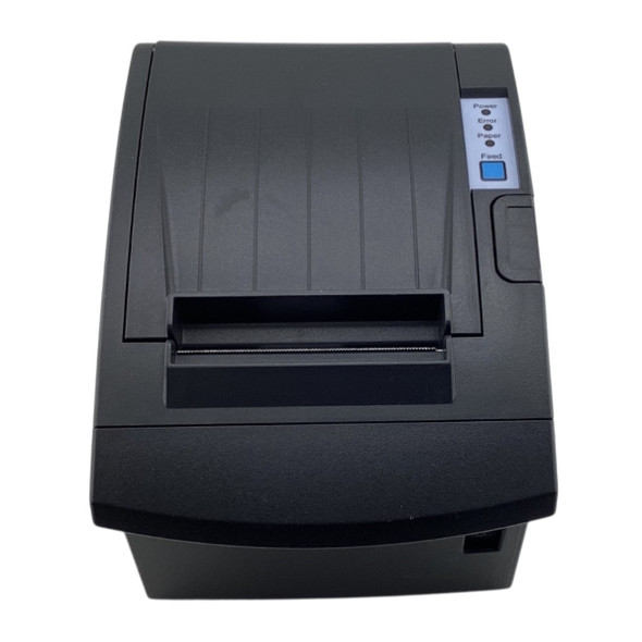 Top-down view of the dark grey BIXOLON SRP-350PLUSIII thermal receipt printer featuring the top paper cover, receipt exit chute, and control panel with Power, Error, Paper indicators and Feed button.