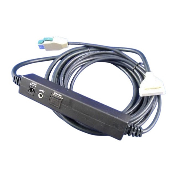 Dark grey Verifone MX800 series multi-interface POS terminal cable featuring an inline junction block with 12V DC power, audio jack, and Ethernet ports, terminating in a white multi-pin connector and powered USB plug.