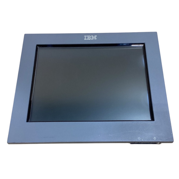 Front view of an iron grey IBM 12.1-inch touchscreen POS display terminal featuring the IBM logo centered on the top bezel and power/brightness control buttons at the bottom right.