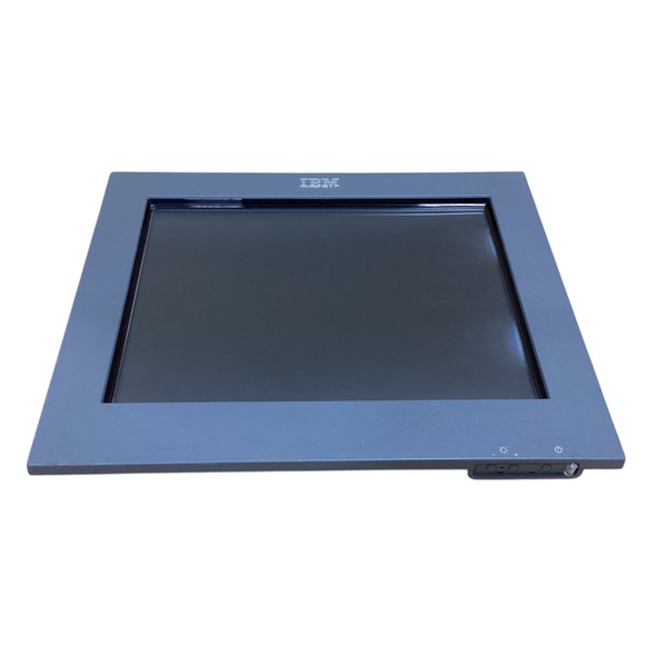 Top-down angled view of the front face of the IBM SurePoint touchscreen monitor in iron grey housing.