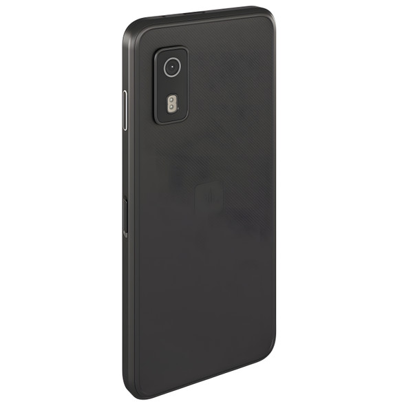 Back perspective view of a black Zebra EM45 Enterprise Mobile Computer featuring a textured non-slip back panel and raised camera module with flash.