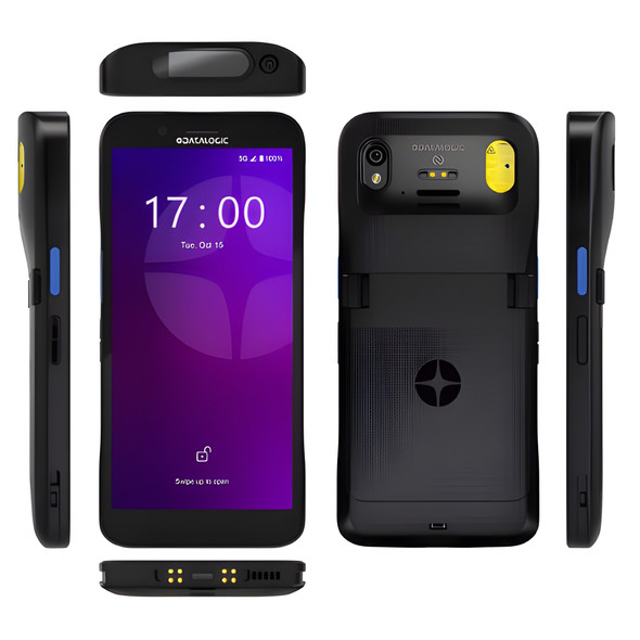 Multi-angle views of a black Datalogic Memor 17 full-touch Android PDA showing the front touchscreen, back panel with camera and laser scanner, side profiles with blue scan buttons, top scanner engine, and bottom charging contacts.