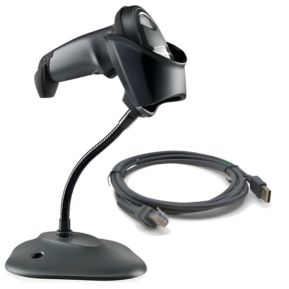 Zebra LI2208-SR7U2100SGW handheld barcode scanner kit in twilight black, mounted on an adjustable Intellistand gooseneck stand alongside a coiled USB cable.