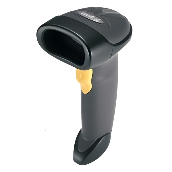 Zebra LS2208 1D handheld laser barcode scanner in dark gray with a yellow trigger, standing upright on a white background.