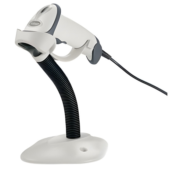 Zebra LS2208 white handheld barcode scanner mounted on an adjustable hands-free gooseneck stand with the USB interface cable attached.
