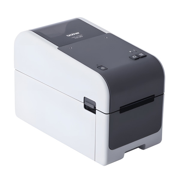 Front three-quarter angle view of the closed Brother TD-2310D desktop label printer highlighting the top Brother logo, window, and control panel.