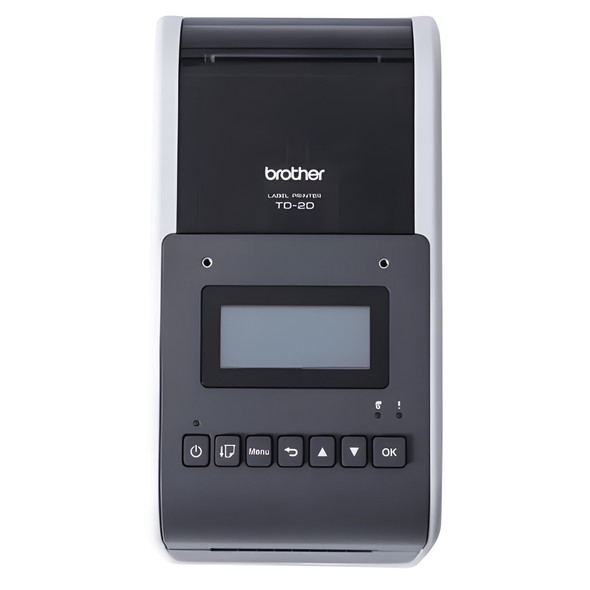 Top-down view of the Brother TD-2350D desktop label printer emphasizing the control panel, LCD screen, and clear window cover.