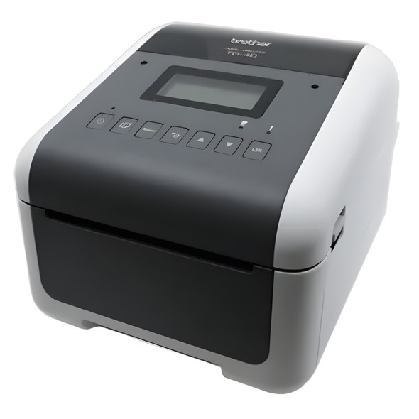 Right three-quarter angle view of the closed Brother TD-4550DNWB desktop label printer highlighting the top control panel and LCD screen.