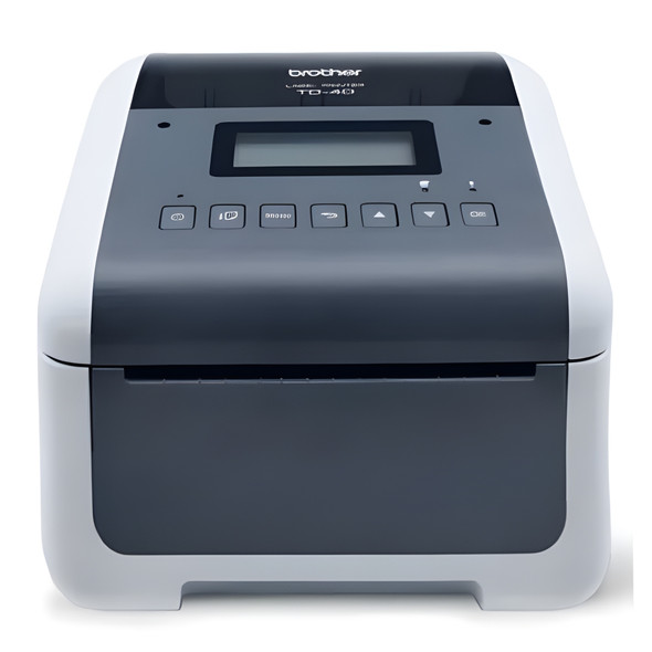 Direct front view of the two-tone gray and white Brother TD-4550DNWB desktop label printer showing the LCD screen, control buttons, and media exit slot.