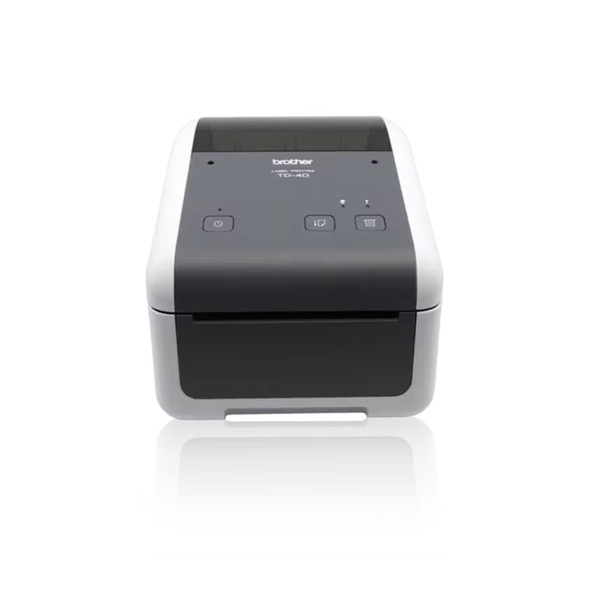 Front straight-on view of the Brother TD-4420DN direct thermal desktop network label printer in white and dark grey.