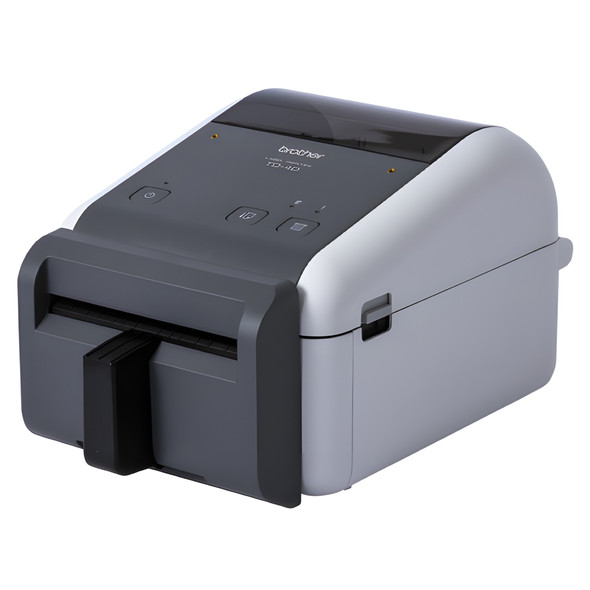 Angled front-left view of the Brother TD-4420DNFC network printer showcasing its compact body, side latch, and front cutter attachment.