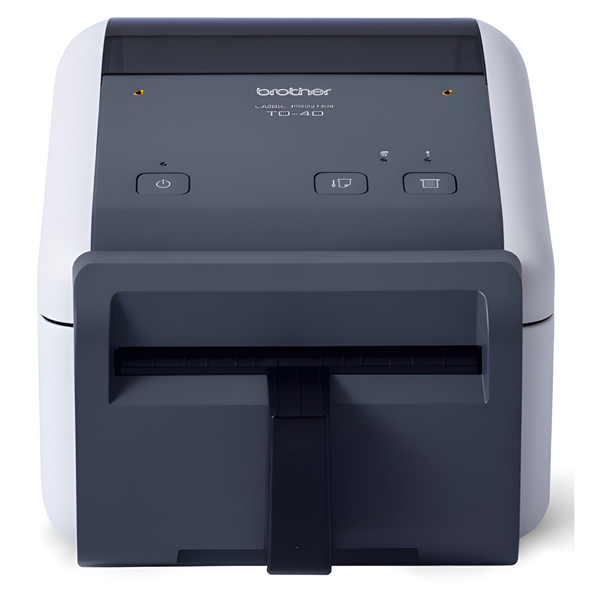 Straight-on front view of the Brother TD-4420DNFC direct thermal linerless label printer showing the front auto-cutter bezel and label exit slot.
