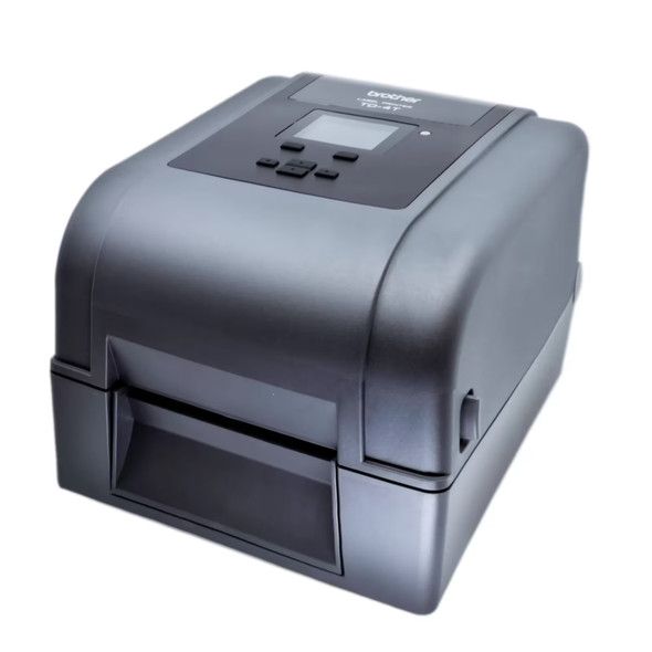 Angled front-right view of the Brother TD-4650TNWB desktop label printer highlighting the top control panel, color screen, and side cover release latch.