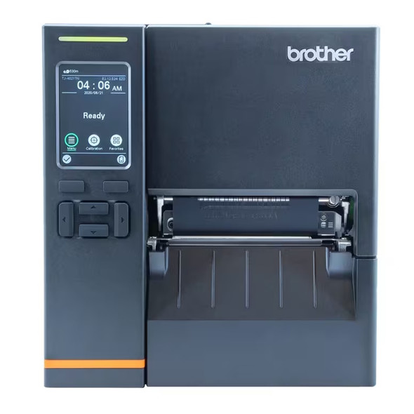 Front straight-on view of the Brother Titan Industrial TJ-4021TN label printer showing the color touchscreen interface, navigation buttons, and front label output mechanism.