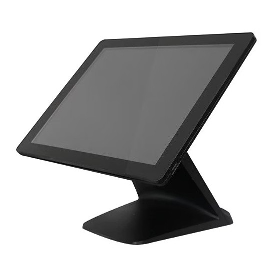 Three-quarter angled view of the black Touch Dynamic Pulse Ultra 15-inch PCAP touchscreen POS monitor mounted on its desktop stand.