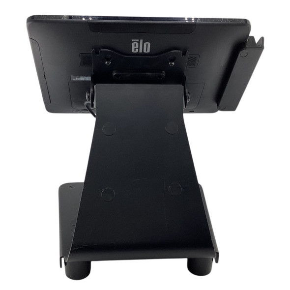 Rear view of the black Elo touchscreen terminal and mounting stand highlighting the Elo logo, VESA mount attachment, and side card reader profile.
