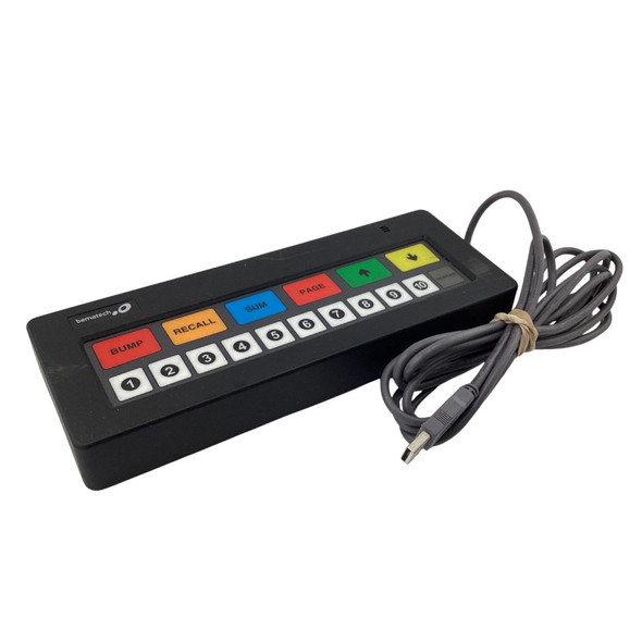 Top-angle view of the black 17-key kitchen bump bar showcasing color-coded function buttons including Bump, Recall, Sum, Page, and numbered keypads.