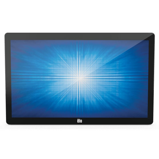 Front direct view of the Elo 2201L 22-inch touchscreen monitor displaying a blue abstract desktop background and the Elo logo on the bottom bezel.