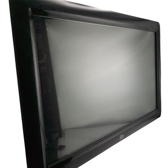 Side-angle front view of the 22-inch black Elo touchscreen monitor head unit with the screen powered off.