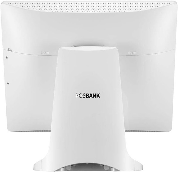 Direct rear view of the white POSBANK APEXA G POS terminal featuring the POSBANK logo printed on the back of the desktop stand pillar.