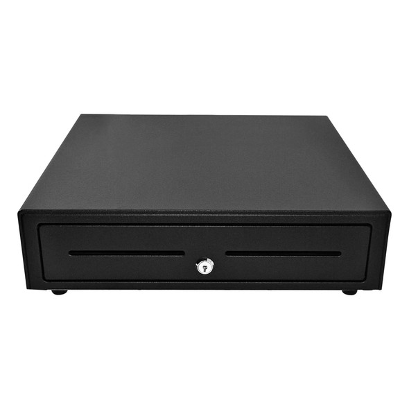 Front view of the black Star Micronics Choice Series cash drawer showing the key lock and dual media slots.