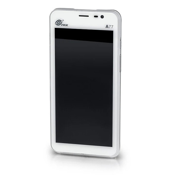 Front view of the white PAX A77 mobile smart POS terminal with a dark screen.