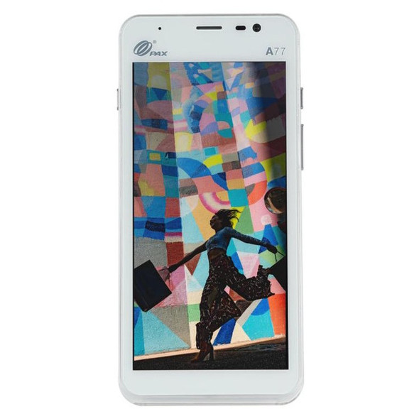 Front view of the white PAX A77 mobile smart POS terminal displaying a colorful graphic of a shopper on its touchscreen.