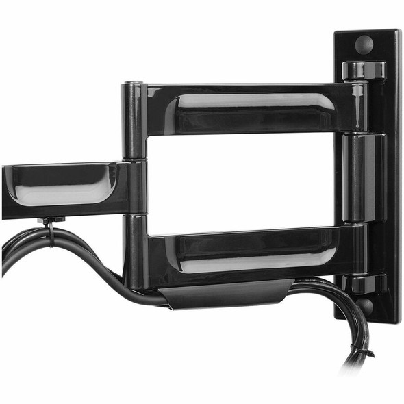 Close-up view of the Peerless-AV PA746 articulating wall mount arm in black finish, highlighting the integrated cable management channel routing cords neatly underneath.