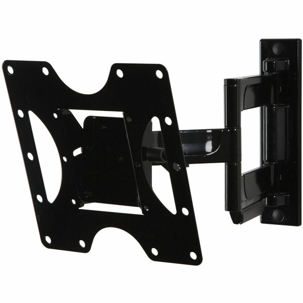 A front perspective view of the empty black Peerless-AV PA740 articulating wall mount showing its multi-pattern VESA mounting plate and double-arm extension structure.