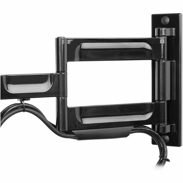 A close-up view of the black dual-arm mechanism of the Peerless-AV PA740 wall mount with managed cables routed along the bottom.