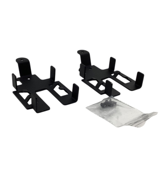Perspective view of the Logic Controls KB17WMBR-BK black left and right mounting brackets shown alongside a small plastic bag containing black installation screws.