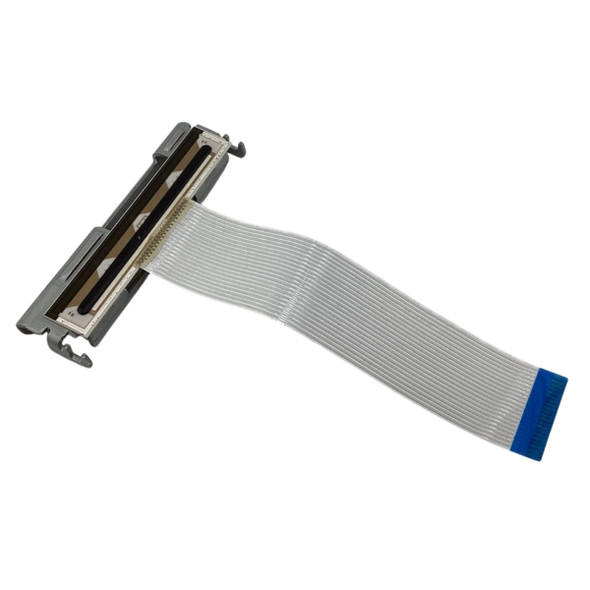 Perspective view of the Epson 1651188 thermal printhead assembly showing the print element surface and attached flexible ribbon cable with blue connector tip.