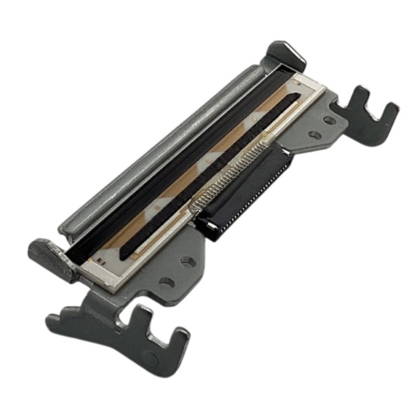 Angled perspective view of the thermal printhead assembly showcasing the heating element face and side mounting brackets.