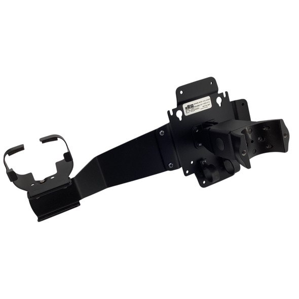 Side perspective view of the black steel monitor arm assembly highlighting the extension bracket, pole attachment collar, and terminal cradle.