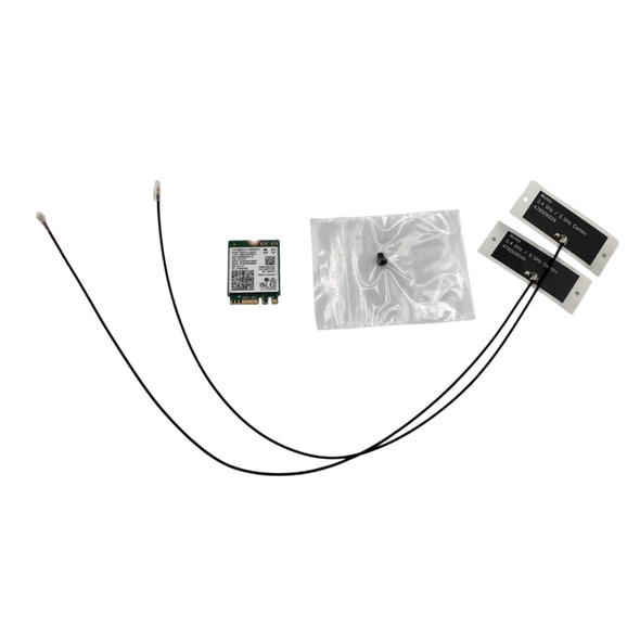 Alternate view of the contents of the NCR 7772-K168 kit against a white background, displaying the Intel wireless M.2 card, black antenna leads with Molex adhesive pads, and mounting hardware.
