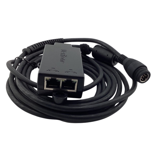 Coiled Verifone CBL282-059-01-B cable showing a close-up of the dual RJ45 Ethernet ports on the junction box and the 6-pin DIN male latch-lock connector head.