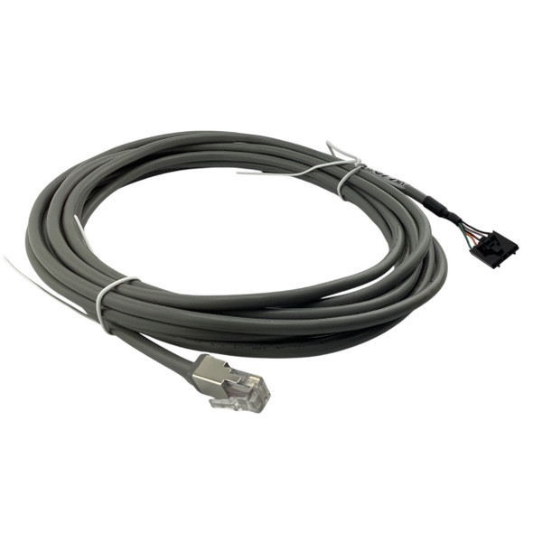 Coiled grey Datalogic remote display cable showing an RJ45 modular connector on one end and a small black multi-pin connector on the other, bound with white twist ties.