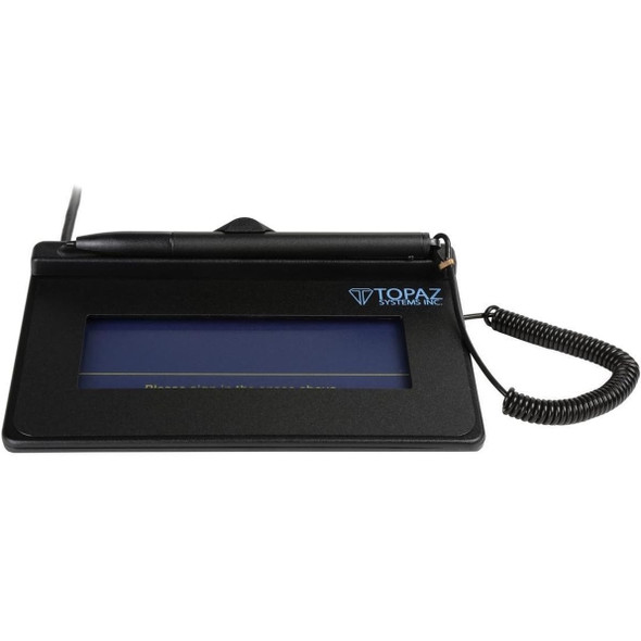 Direct overhead view of the black Topaz SigLite 1x5 electronic signature pad, featuring the signature screen area with guiding baseline, Topaz Systems logo, top-docked pen, and coiled tether attached to the right side.