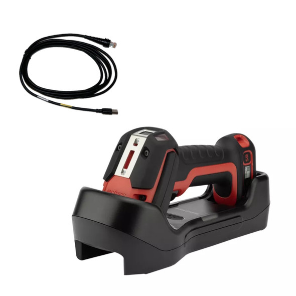 Honeywell Granit Ultra 2105iSR cordless barcode scanner resting in its charging base alongside a coiled USB cable.