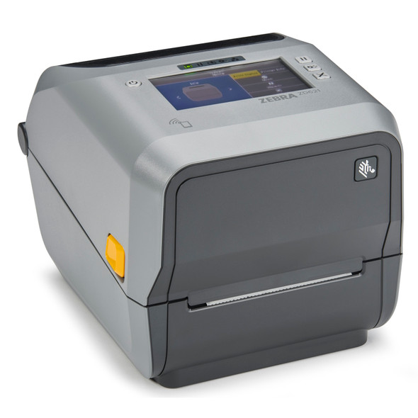 Three-quarter front view of the grey Zebra ZD621t desktop printer featuring a full-color LCD touch display, status LED indicators, navigation buttons, and yellow side release latches.