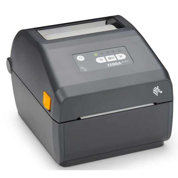 Three-quarter front view of the dark grey Zebra ZD421d direct thermal printer showing the top control panel with LED status icons, power button, clear media viewing window, and yellow side latch.